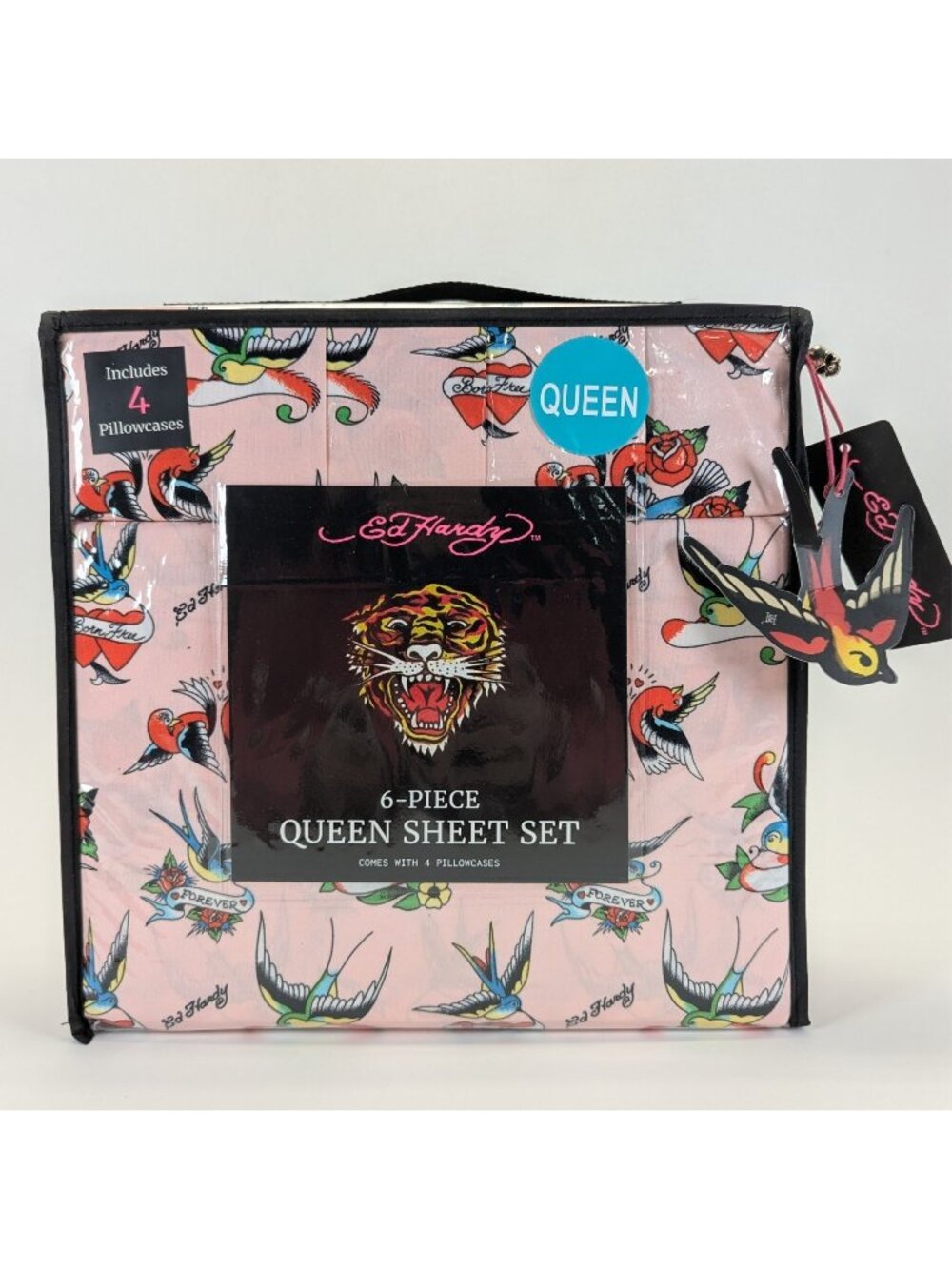 Ed Hardy Queen Sheet Set 6-Piece w 4 Pillowcases Pink Bird Heart Sheets - NEW